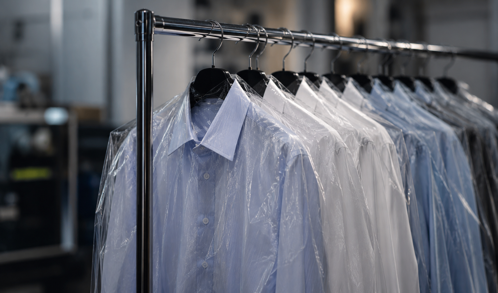 Freshly pressed shirts wrapped in protective garment bags hanging on a rack at VIPS Cleaners in Downey, CA