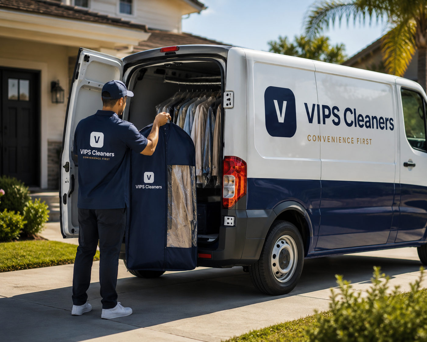 VIPS Cleaners driver loading freshly pressed garments into a branded pickup and delivery van outside a Downey home